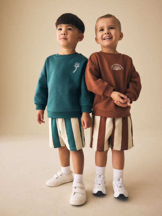 Rust Brown and Teal Crew Neck Sweatshirt and Shorts 2 Pack Set (3mths-7yrs) image 1