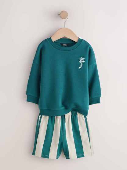 Rust Brown and Teal Crew Neck Sweatshirt and Shorts 2 Pack Set (3mths-7yrs) image 5