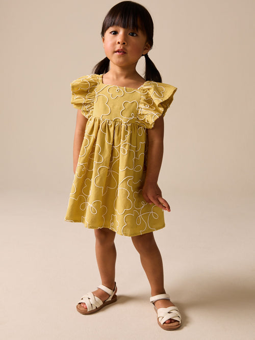Ochre Yellow Embroidered Angel Sleeve Dress (3mths-8yrs) image 1