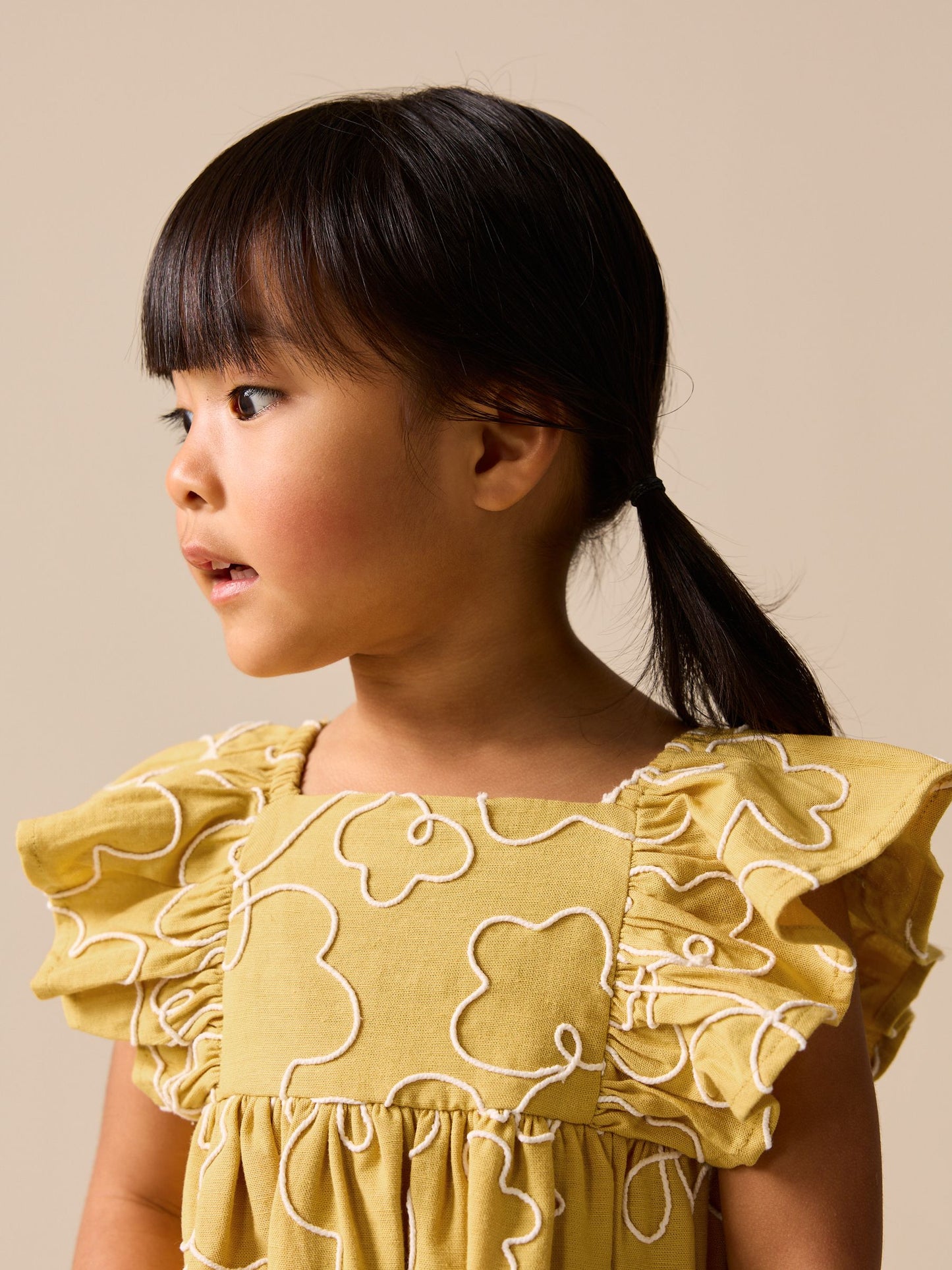 Ochre Yellow Embroidered Angel Sleeve Dress (3mths-8yrs) image 2