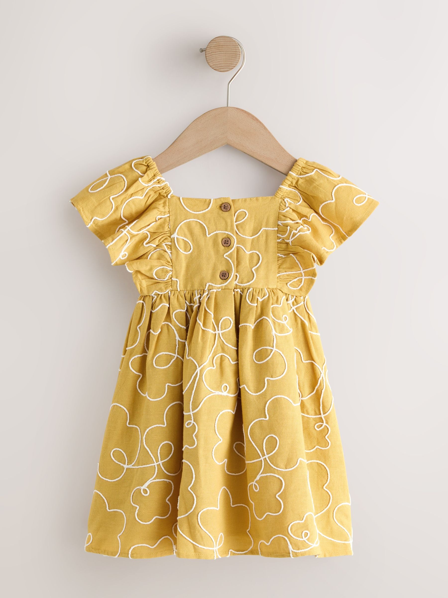 Ochre Yellow Embroidered Angel Sleeve Dress (3mths-8yrs) image 5