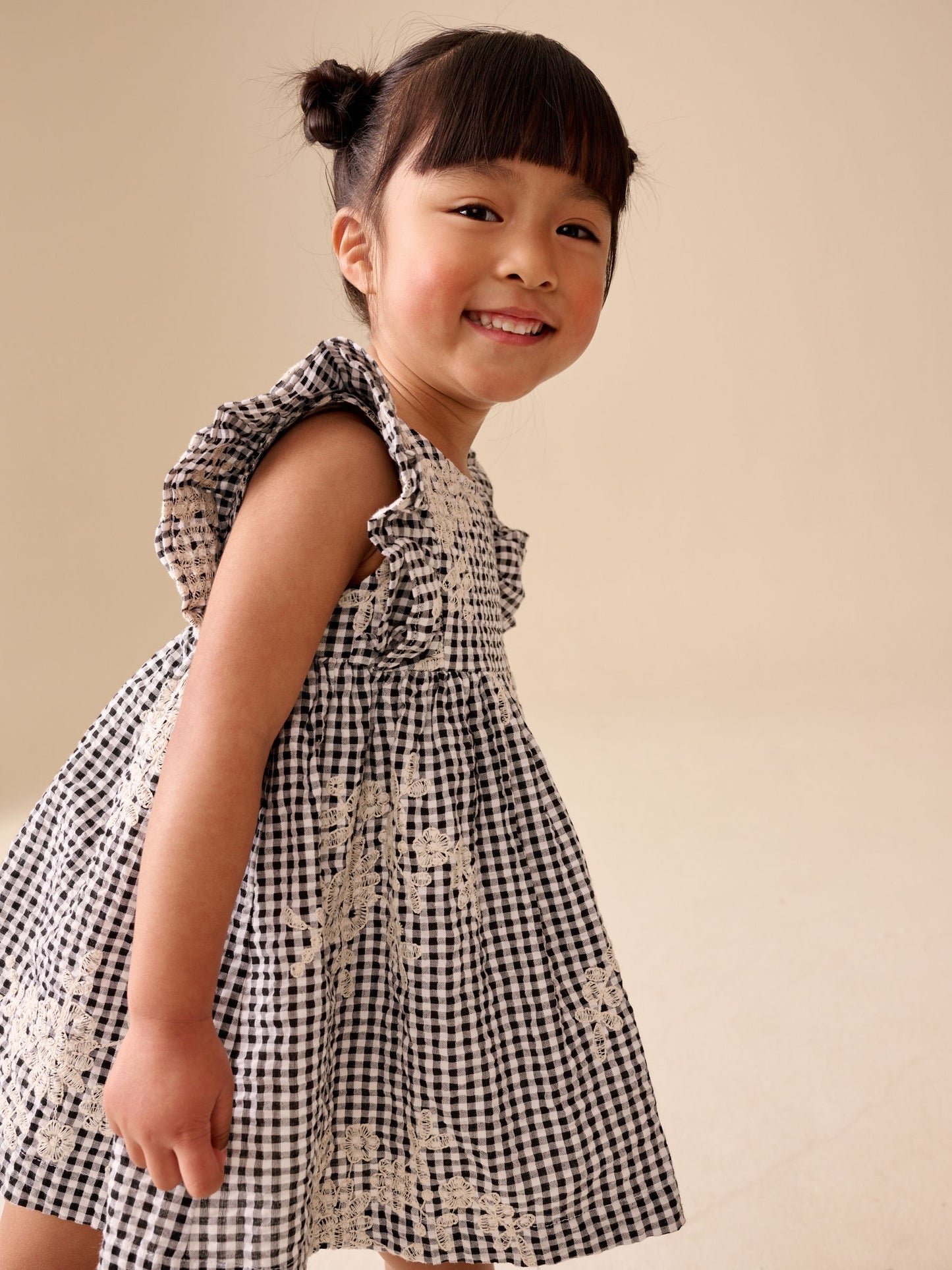 Black/White Gingham Embroidered Frill Sleeve Dress (3mths-8yrs) image 2
