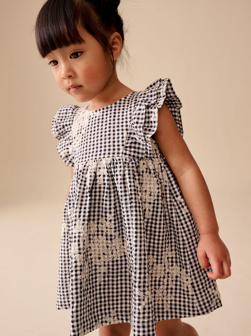 Black/White Gingham Embroidered Frill Sleeve Dress (3mths-8yrs) image 1