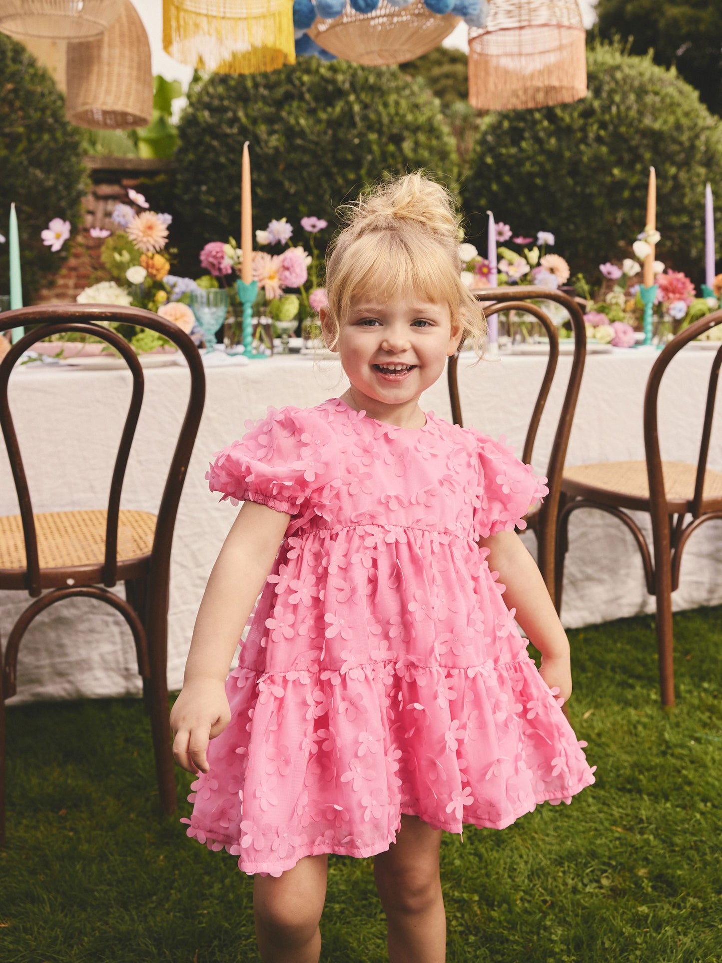 Bright Pink Short Sleeve 3D Flowers Dress (3mths-8yrs) image 1