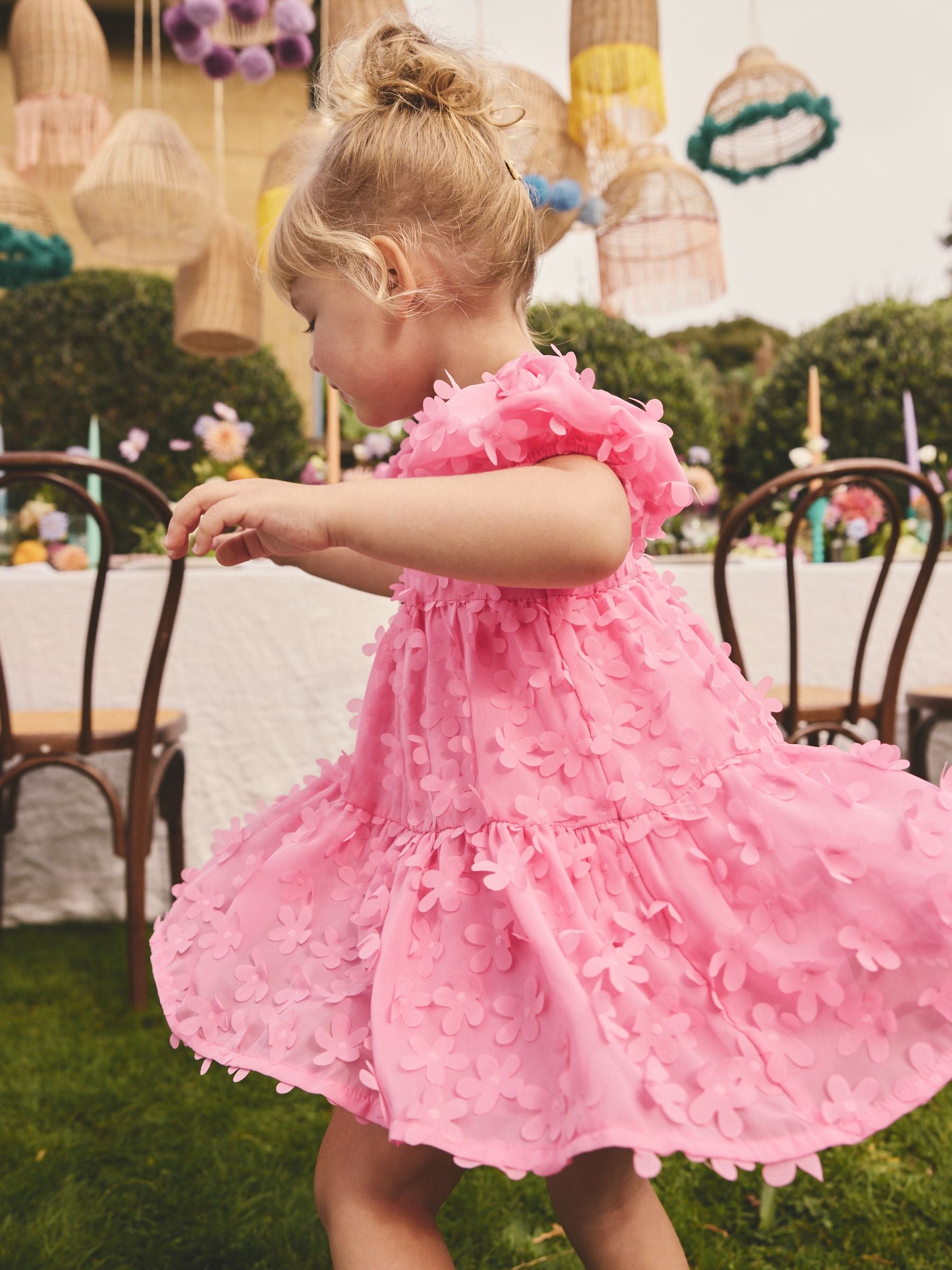 Bright Pink Short Sleeve 3D Flowers Dress (3mths-8yrs) image 2