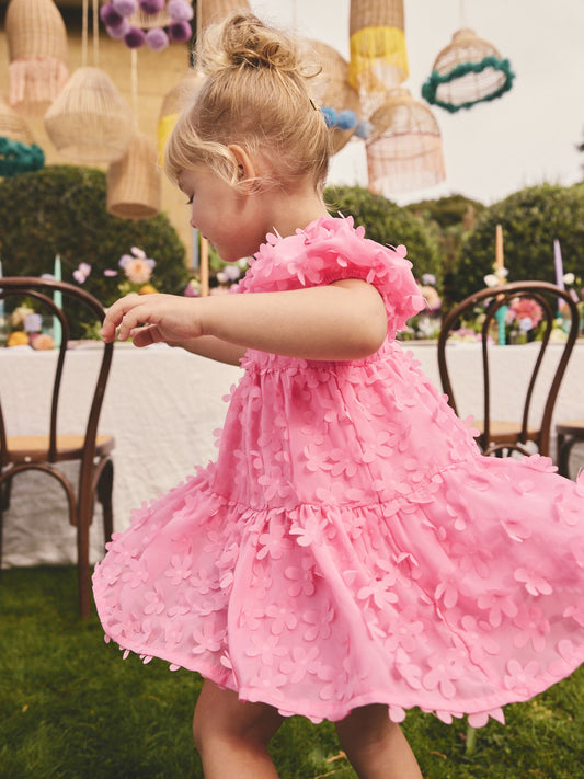 Bright Pink Short Sleeve 3D Flowers Dress (3mths-8yrs) image 2