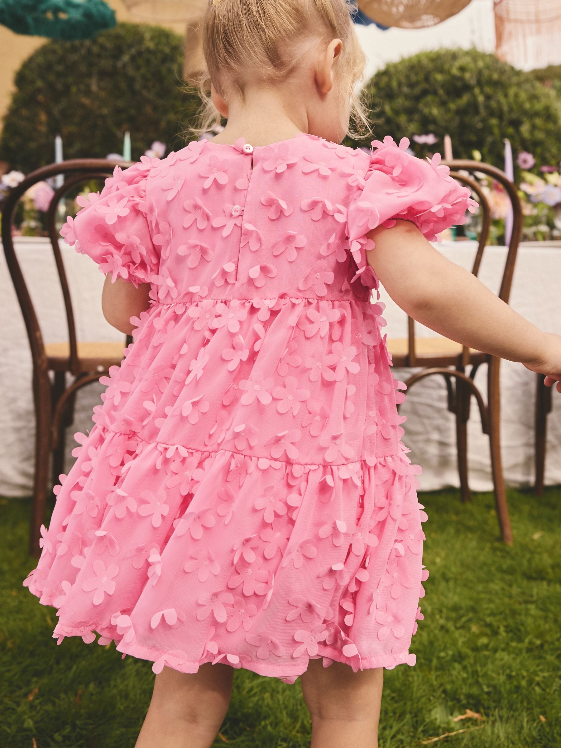 Bright Pink Short Sleeve 3D Flowers Dress (3mths-8yrs) image 3