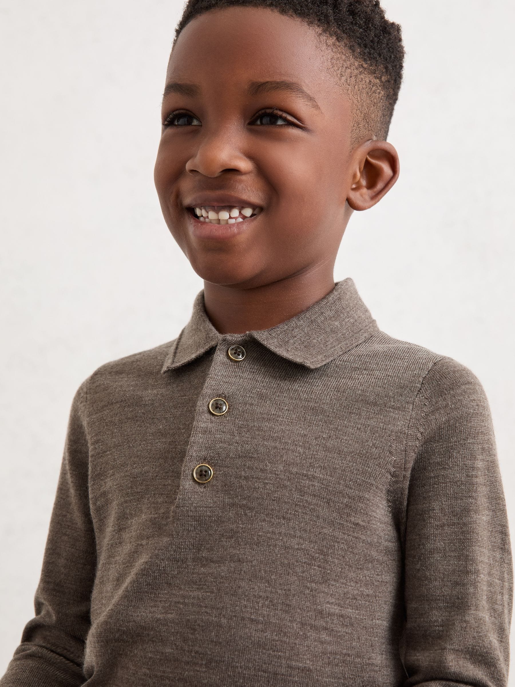 Dsiney Kidz - Reiss Dark Brown Melange Trafford 9-13 yrs Wool Long-Sleeve Polo Shirt image 1