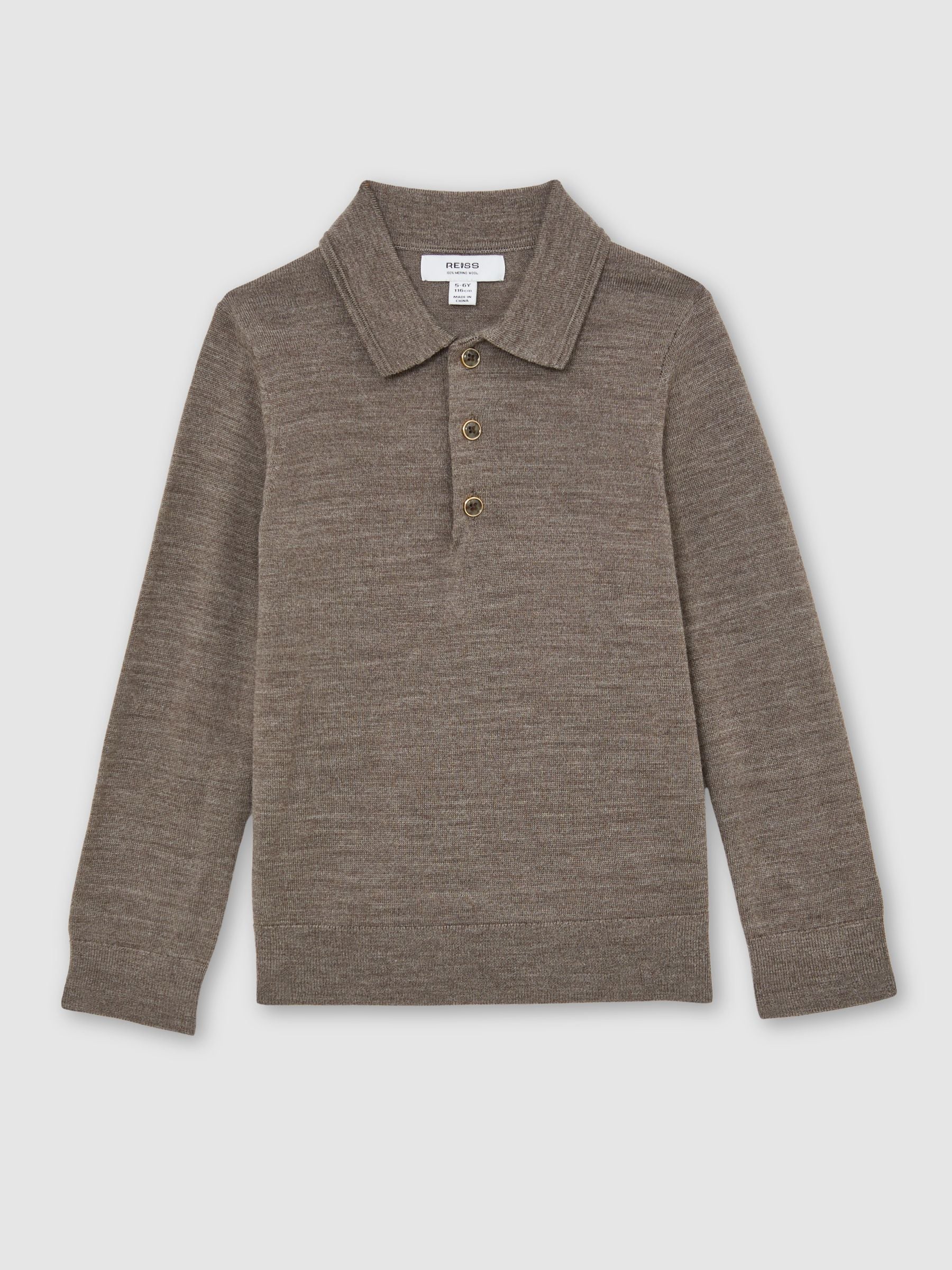 Dsiney Kidz - Reiss Dark Brown Melange Trafford 9-13 yrs Wool Long-Sleeve Polo Shirt image 2