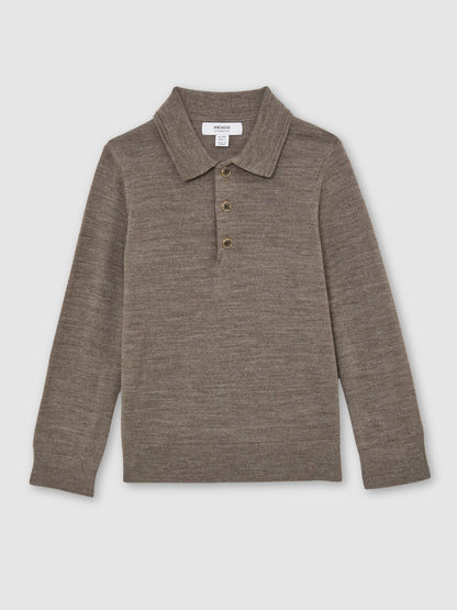 Dsiney Kidz - Reiss Dark Brown Melange Trafford 9-13 yrs Wool Long-Sleeve Polo Shirt image 2