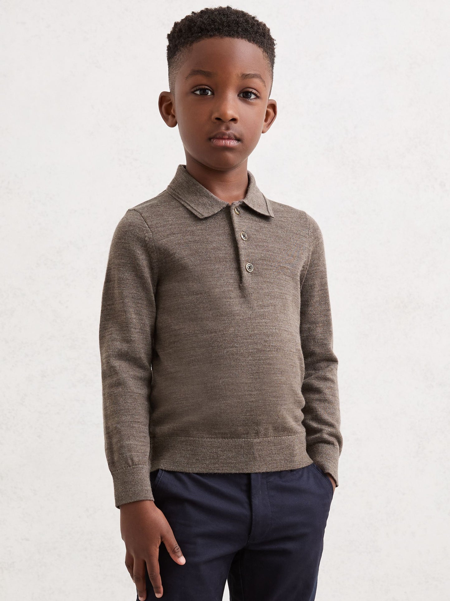 Dsiney Kidz - Reiss Dark Brown Melange Trafford 9-13 yrs Wool Long-Sleeve Polo Shirt image 3