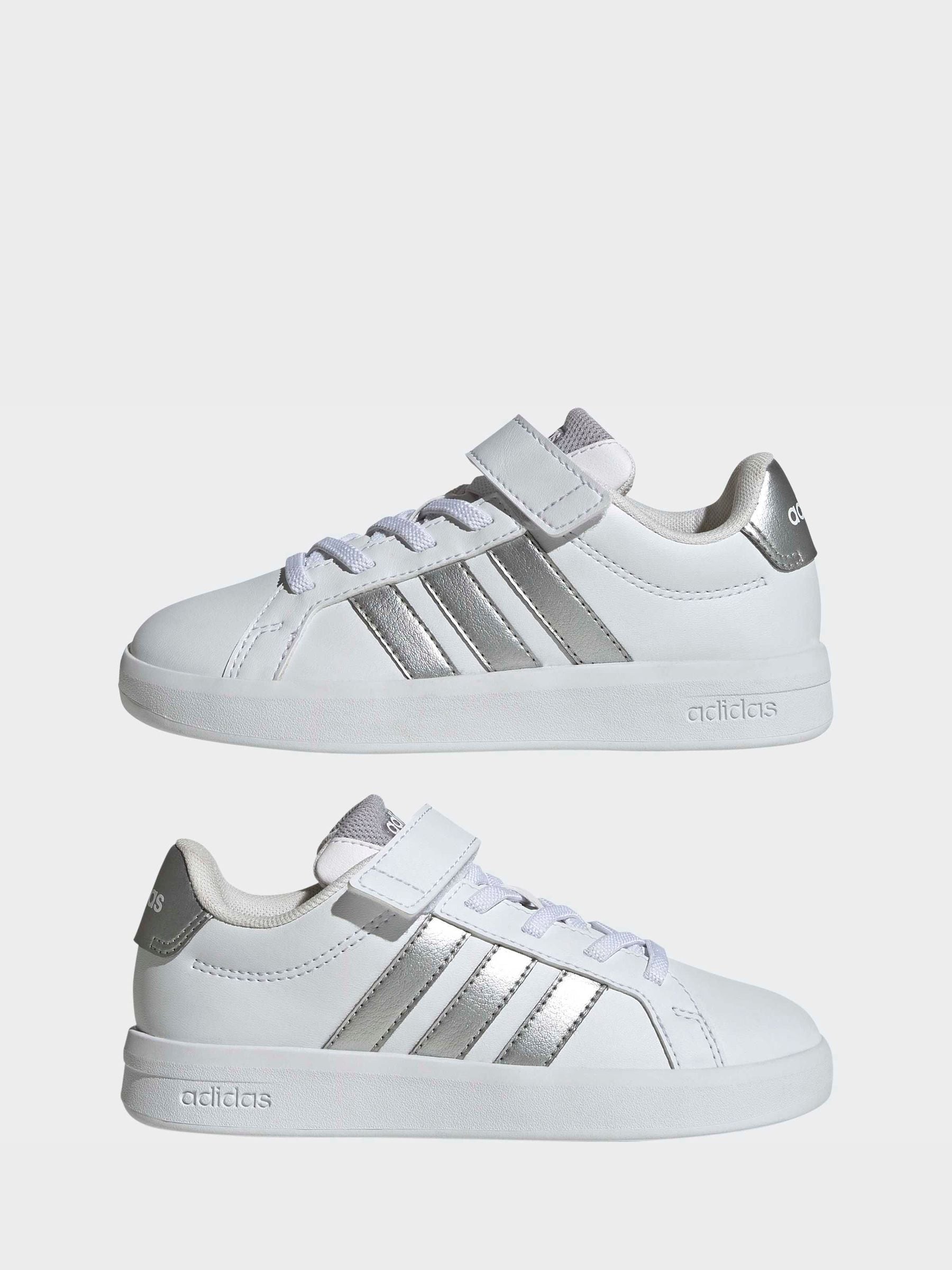 adidas White/Silver Grand Court 3.0 Elastic Lace Kids Trainers image 5