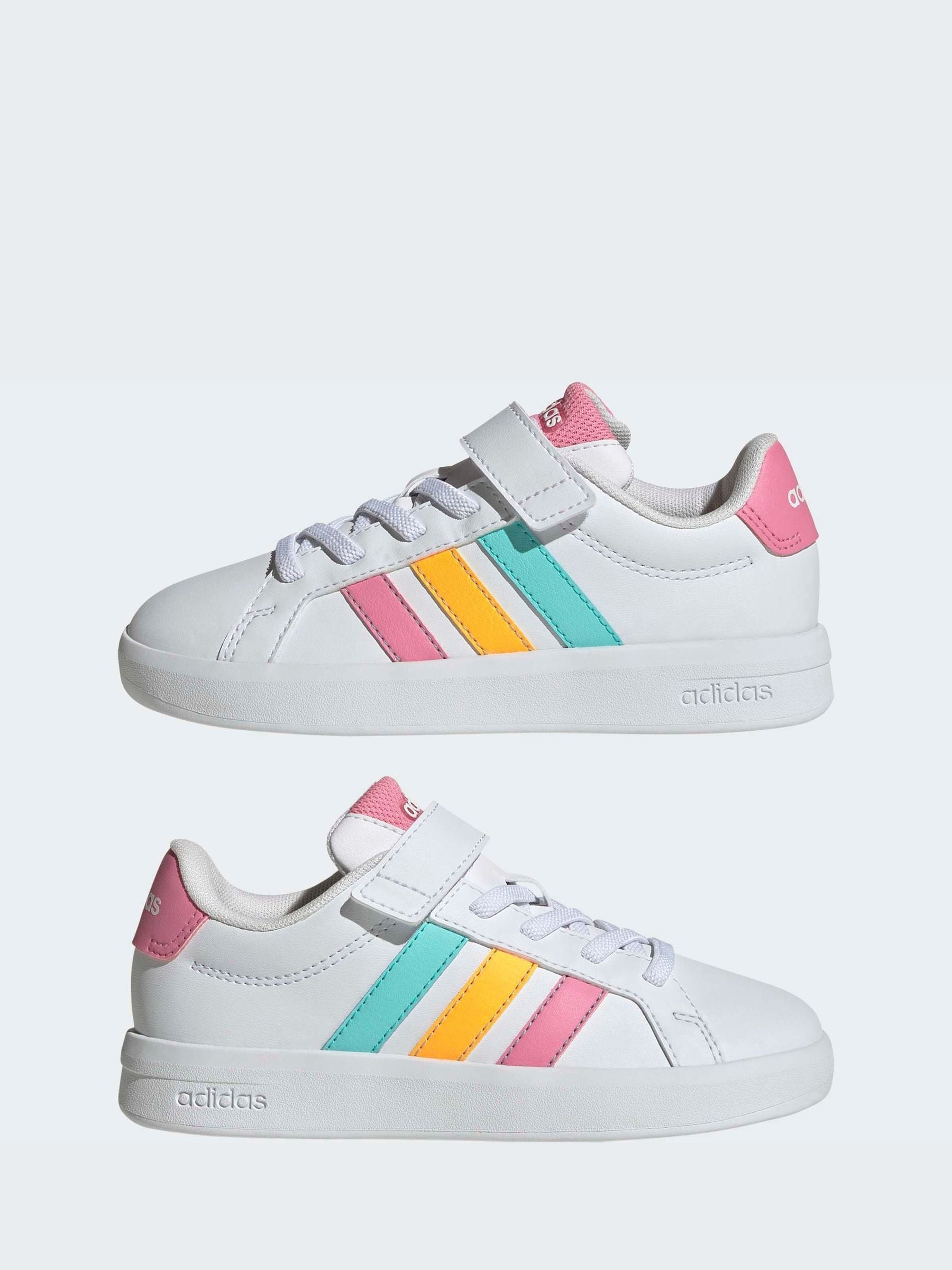adidas White/Multi Grand Court 3.0 Elastic Lace Kids Trainers image 5