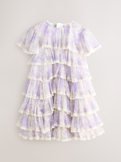 Laura Ashley White/Purple Tiered Tulle Dress image 7