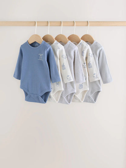 Blue Long Sleeve Baby Bodysuits 5 Pack