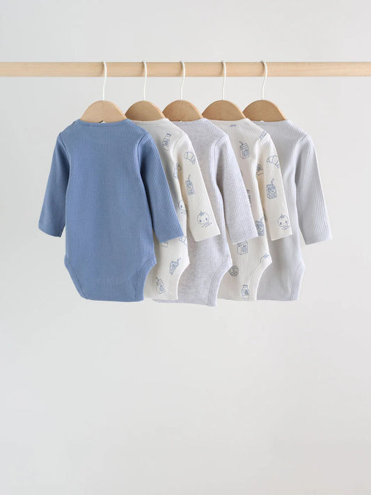 Blue Long Sleeve Baby Bodysuits 5 Pack