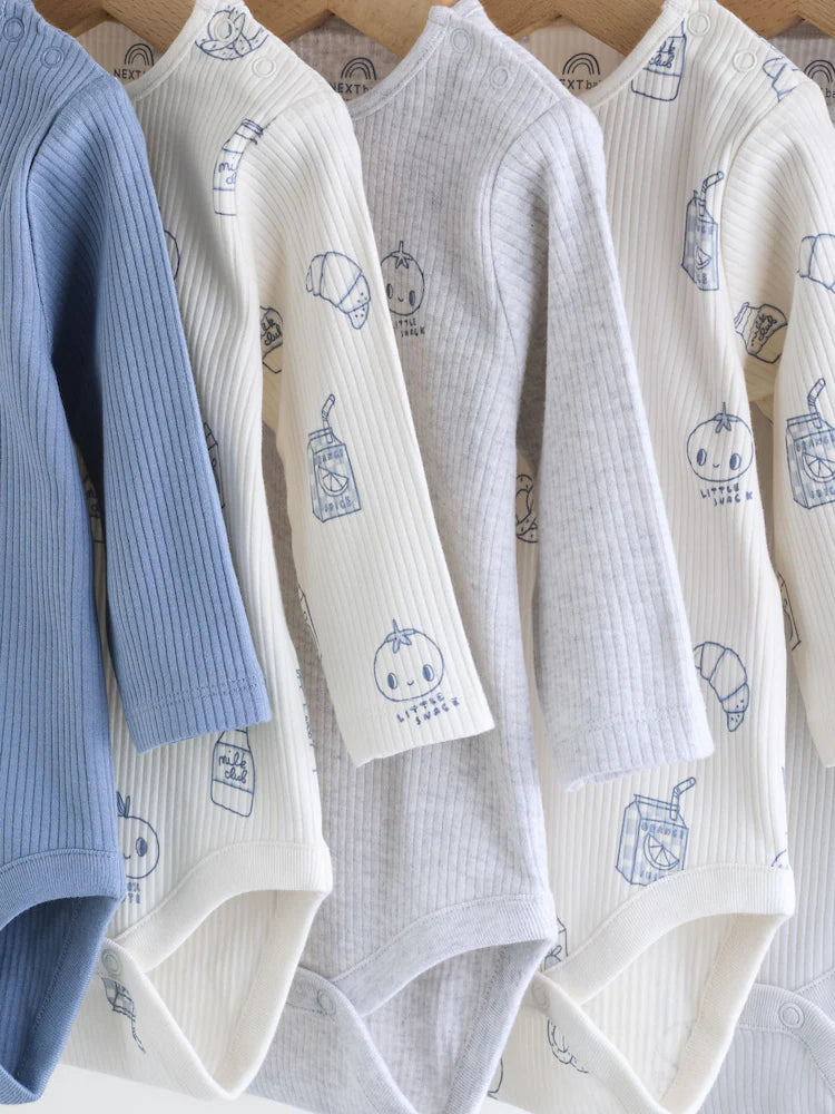 Blue Long Sleeve Baby Bodysuits 5 Pack