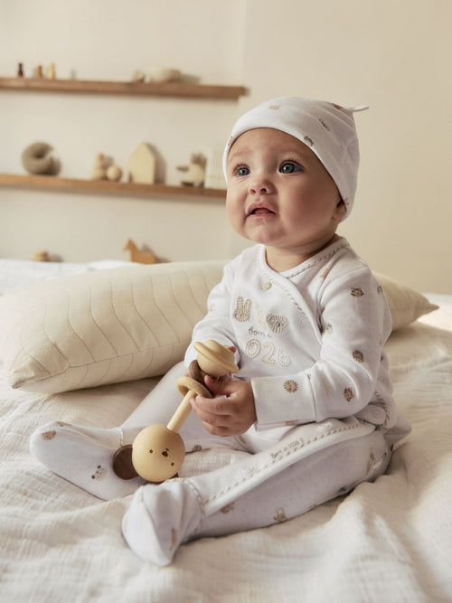 White Born in 2026 Baby Sleepsuit & Hat Set (0-9mths) image 1