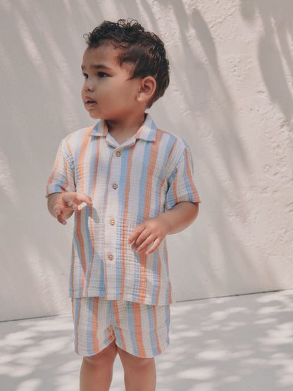 Blue/Orange Stripe Short Sleeve Double Cloth Shirt & Shorts Set (3mths-10yrs) image 1