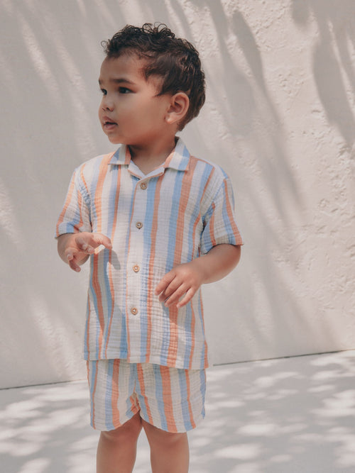 Blue/Orange Stripe Short Sleeve Double Cloth Shirt & Shorts Set (3mths-10yrs) image 1