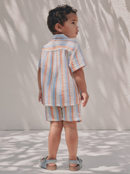 Blue/Orange Stripe Short Sleeve Double Cloth Shirt & Shorts Set (3mths-10yrs) image 5