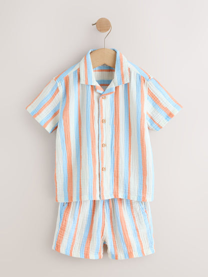 Blue/Orange Stripe Short Sleeve Double Cloth Shirt & Shorts Set (3mths-10yrs) image 8
