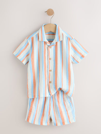 Blue/Orange Stripe Short Sleeve Double Cloth Shirt & Shorts Set (3mths-10yrs) image 9