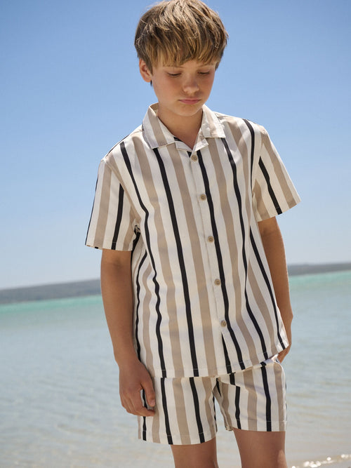 Neutral Stripe Swim Shorts and Shirt Set (3-16yrs) image 1