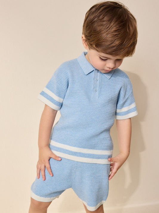 Blue Knitted Button Neck Polo Shirt and Shorts Set (3mths-10yrs) image 1