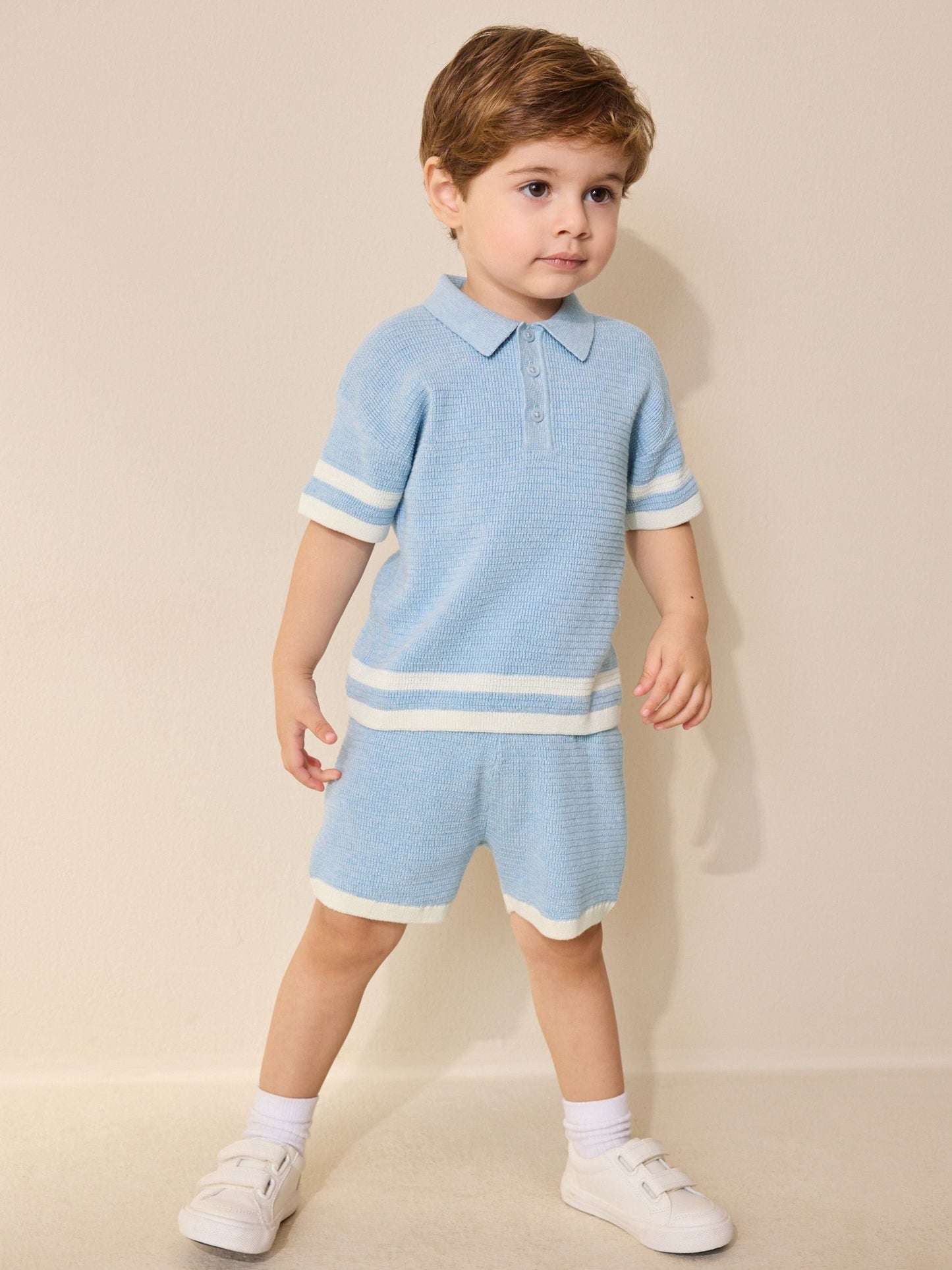 Blue Knitted Button Neck Polo Shirt and Shorts Set (3mths-10yrs) image 2
