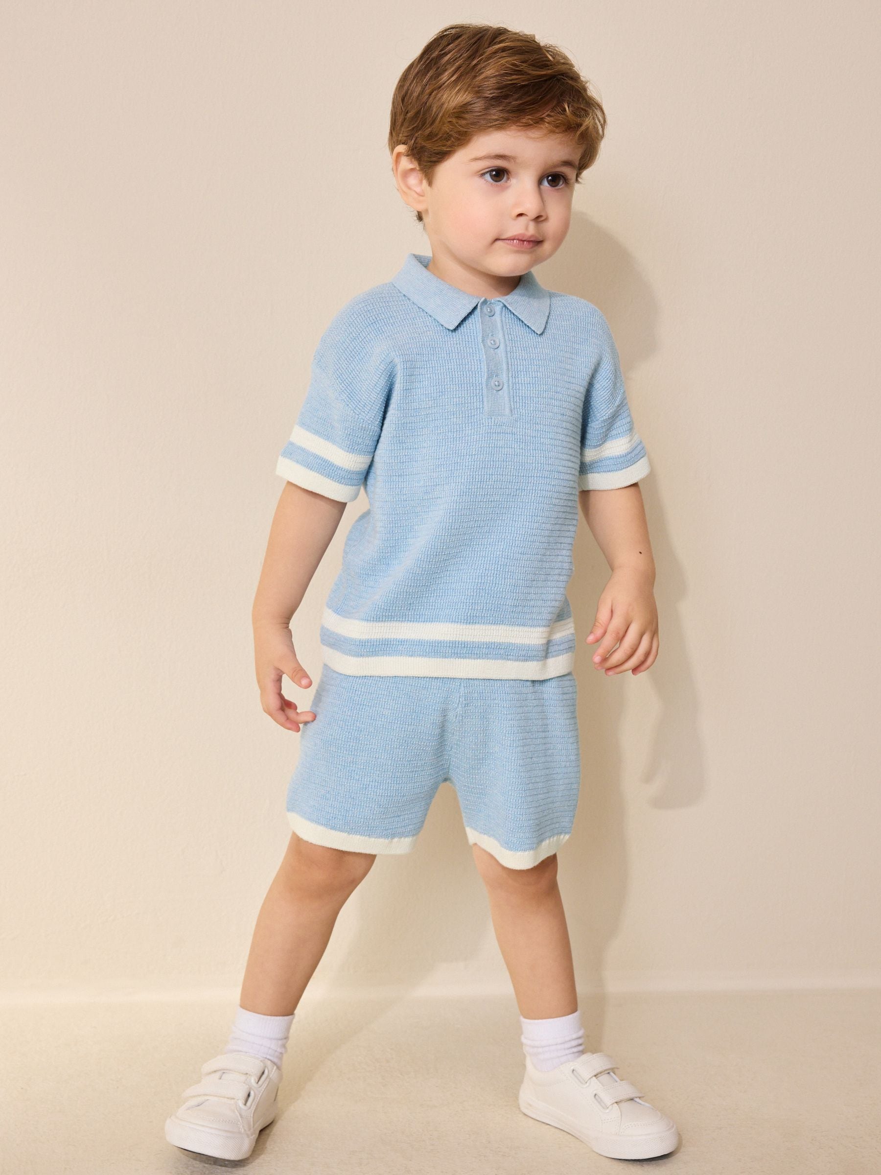 Blue Knitted Button Neck Polo Shirt and Shorts Set (3mths-10yrs) image 2