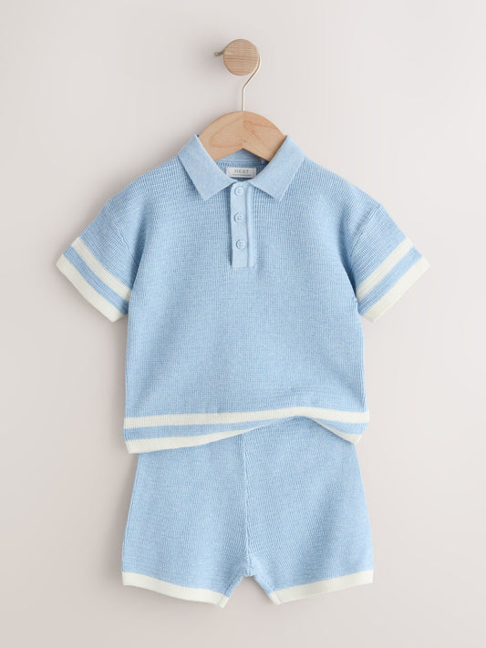Blue Knitted Button Neck Polo Shirt and Shorts Set (3mths-10yrs) image 3