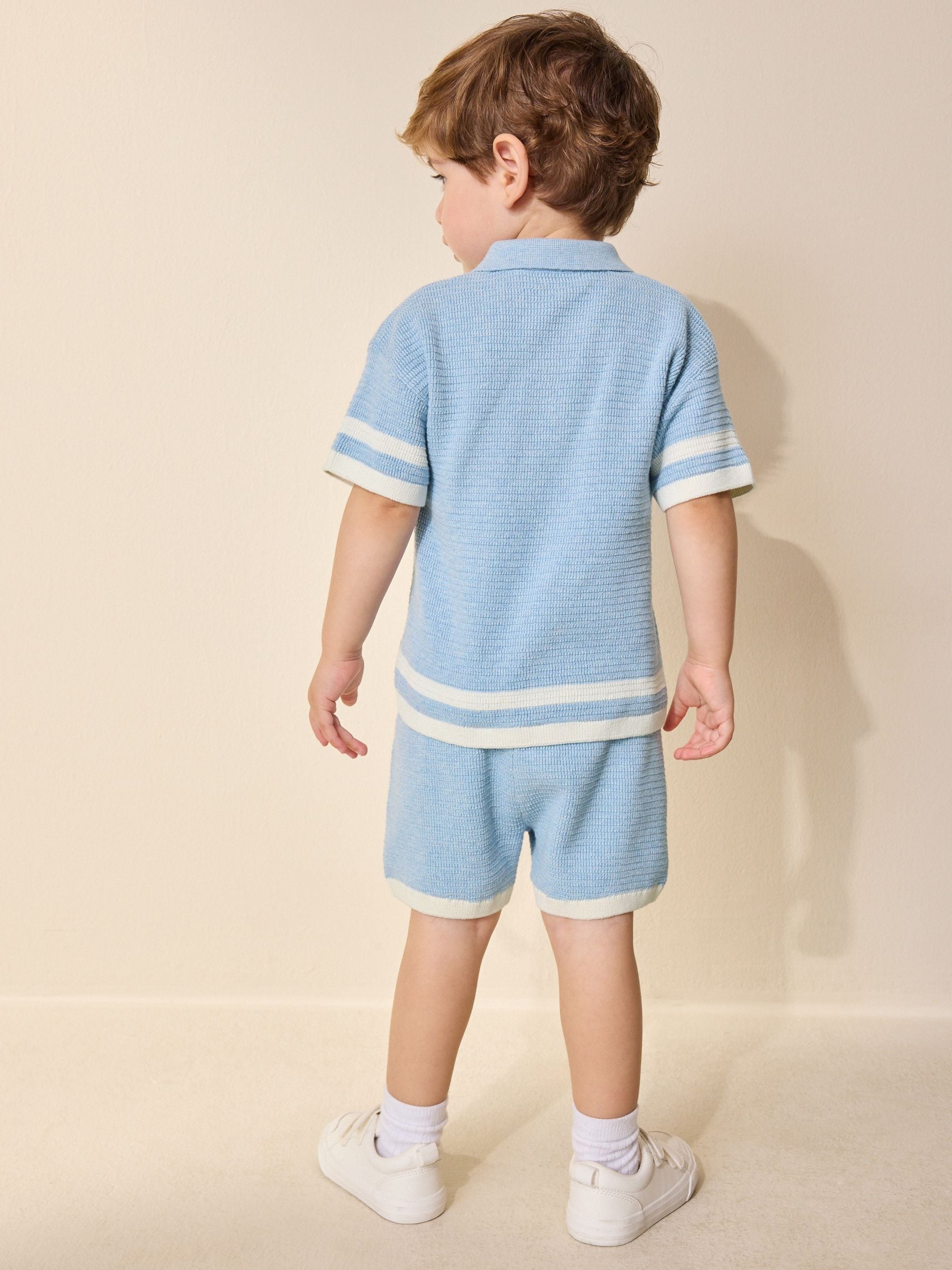 Blue Knitted Button Neck Polo Shirt and Shorts Set (3mths-10yrs) image 3