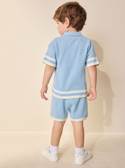 Blue Knitted Button Neck Polo Shirt and Shorts Set (3mths-10yrs) image 3