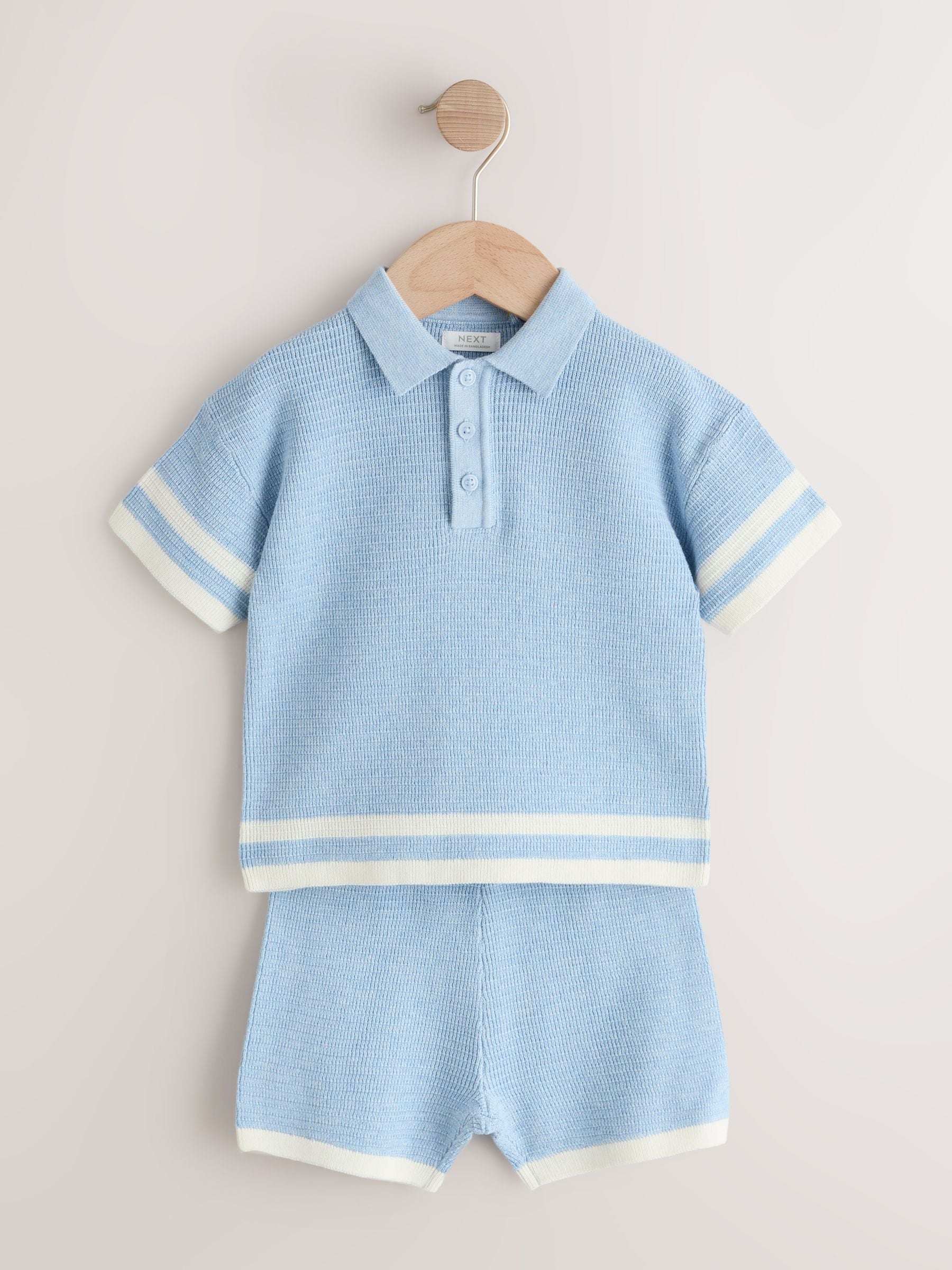 Blue Knitted Button Neck Polo Shirt and Shorts Set (3mths-10yrs) image 4