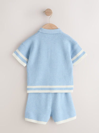 Blue Knitted Button Neck Polo Shirt and Shorts Set (3mths-10yrs) image 6