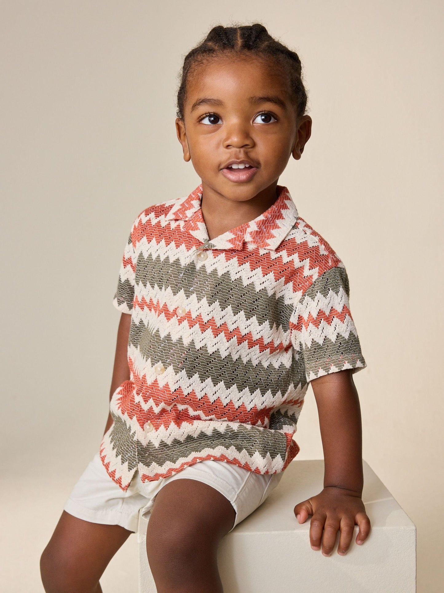 Dsiney Kidz - Red/Ecru Striped Short Sleeve Revere Collar Textured Shirt (3mths-7yrs) image 1