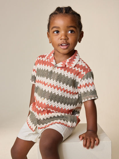 Dsiney Kidz - Red/Ecru Striped Short Sleeve Revere Collar Textured Shirt (3mths-7yrs) image 1