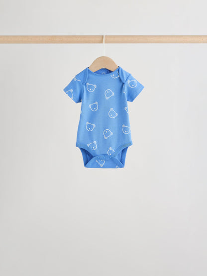 Blue/Ecru Bear Short Sleeve Baby Bodysuits 5 Pack image 6