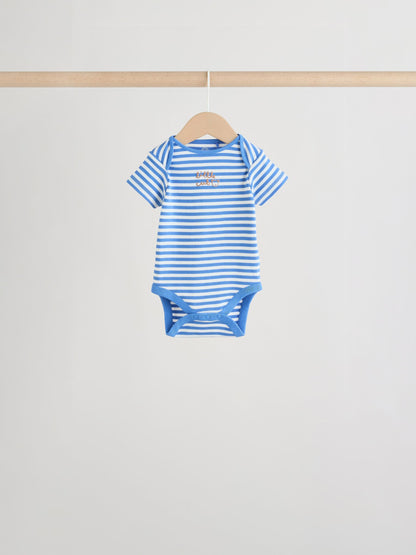 Blue/Ecru Bear Short Sleeve Baby Bodysuits 5 Pack image 8