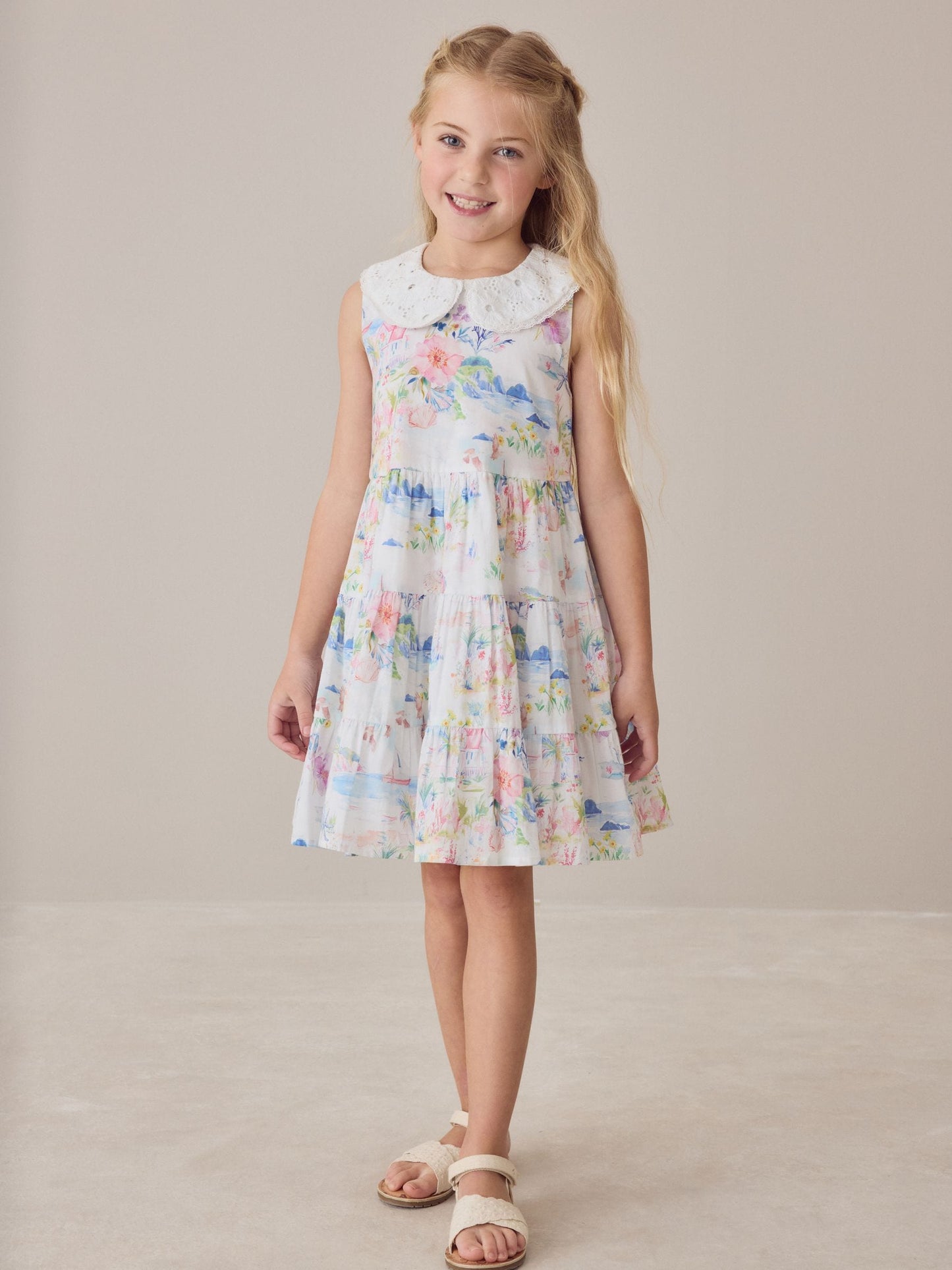 Laura Ashley Multi Seaside Beach Scene Collared Tiered Dress image 1