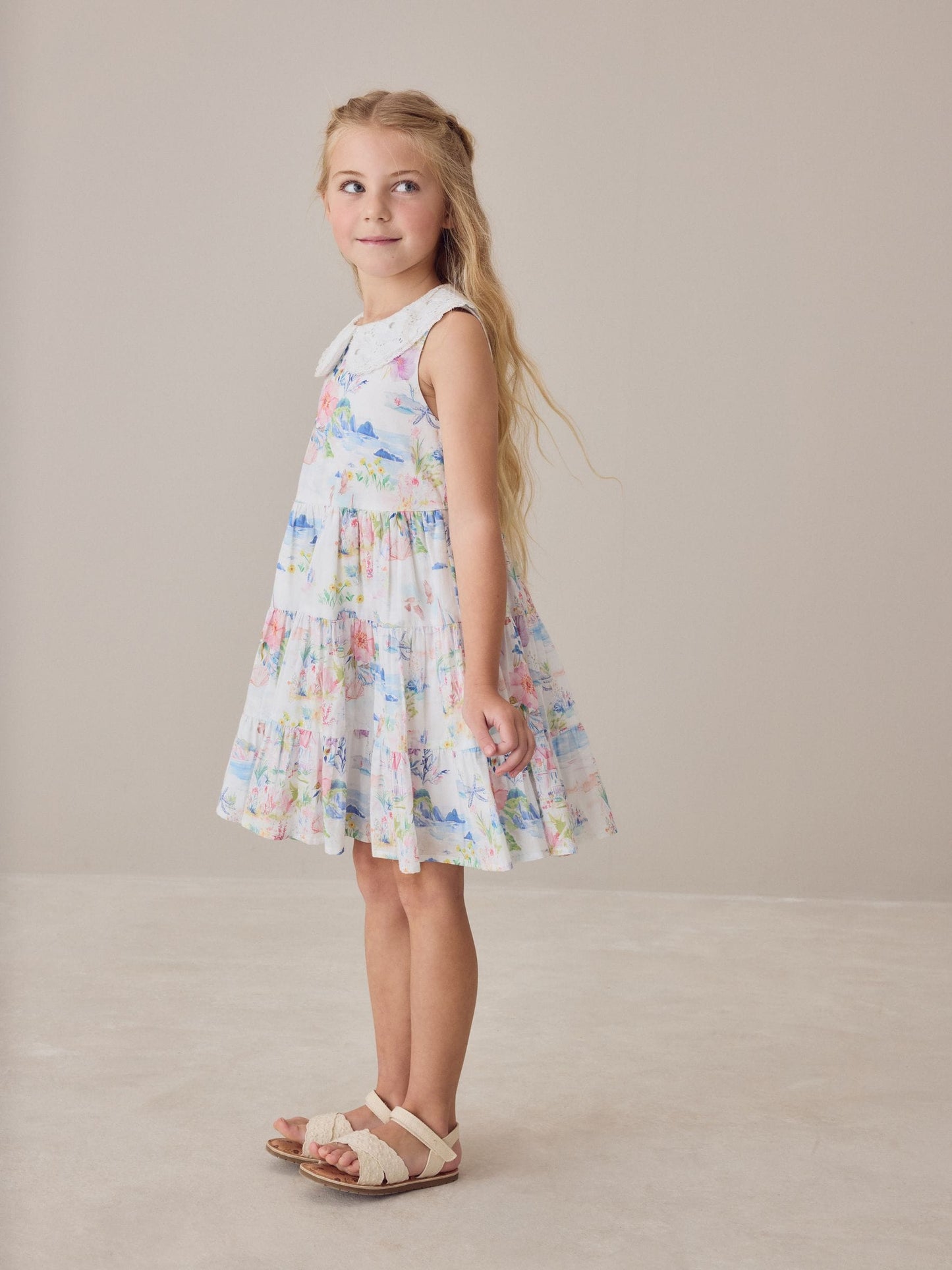 Laura Ashley Multi Seaside Beach Scene Collared Tiered Dress image 3