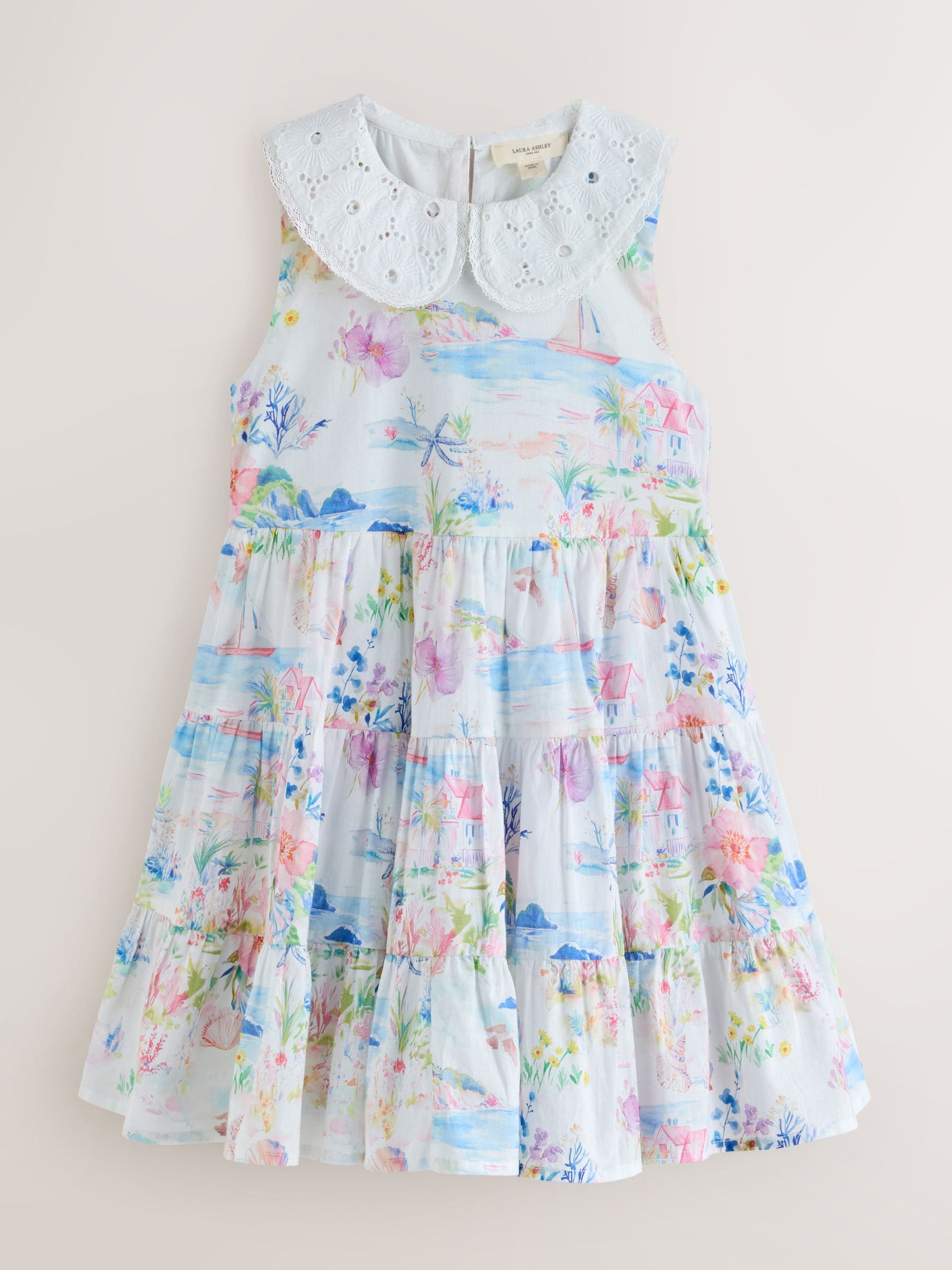 Laura Ashley Multi Seaside Beach Scene Collared Tiered Dress image 6