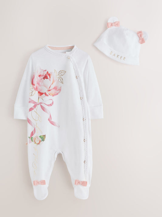 Baker by Ted Baker Flower Placement White Sleepsuit & Hat Set image 1