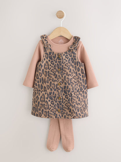 Leopard Print Pinafore Long Sleeve Bodysuit & Tights 3 Piece Set (0mths-2yrs) image 1