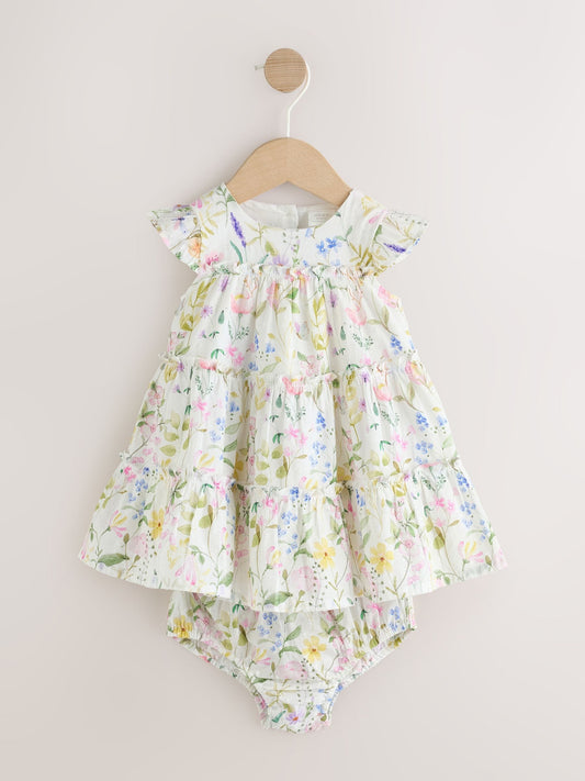 White Floral Baby Tiered Woven Dress and Knickers Set 2 Piece (0mths-2yrs) image 1