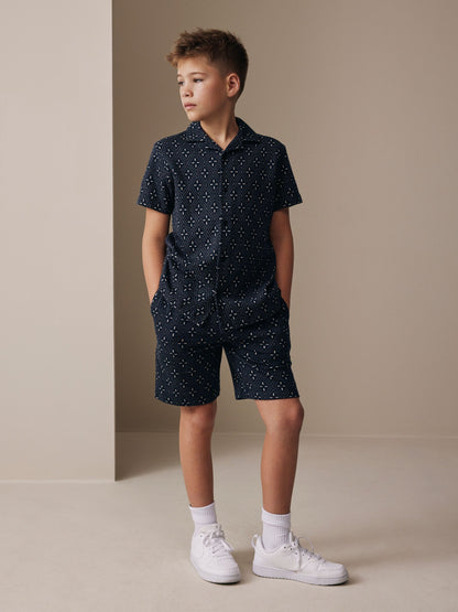 Dsiney Kidz - Navy Patterned Revere Button Through Shirt and Shorts Set (3-16yrs) image 1