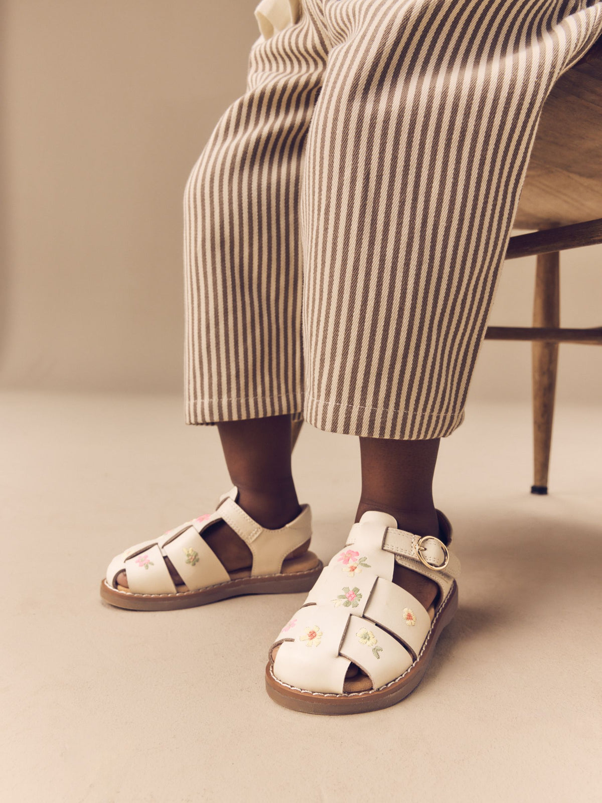 Neutral Embroidered Leather Fisherman Sandals image 2