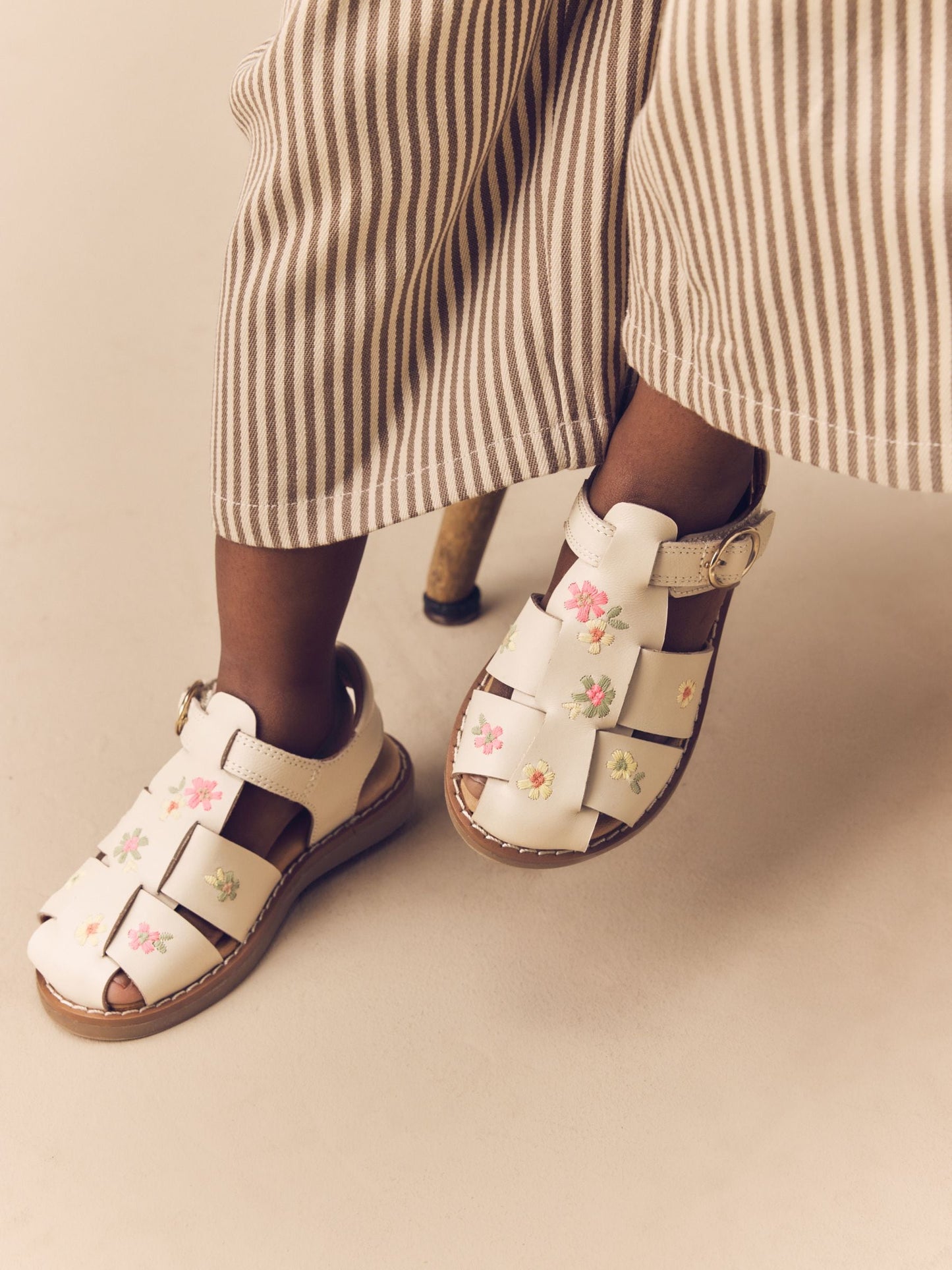 Neutral Embroidered Leather Fisherman Sandals image 1
