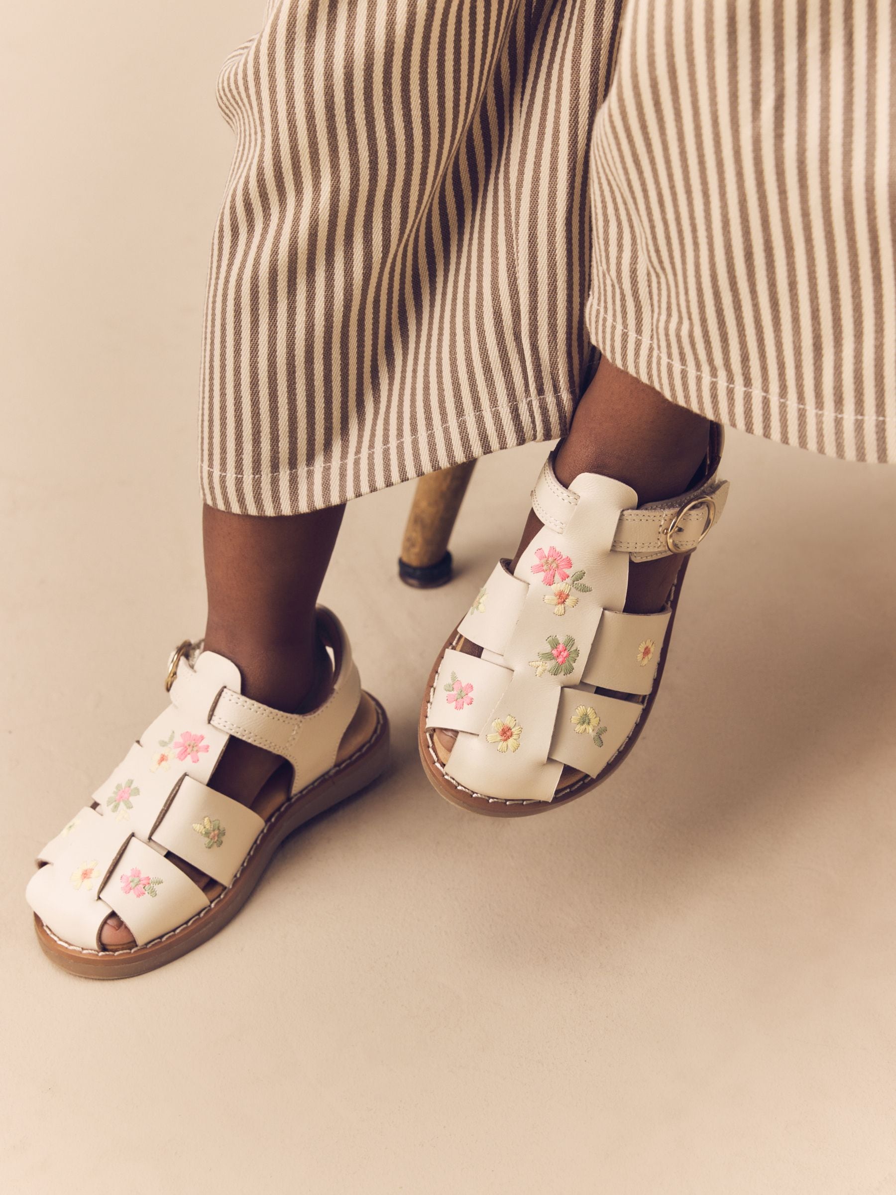 Neutral Embroidered Leather Fisherman Sandals image 1